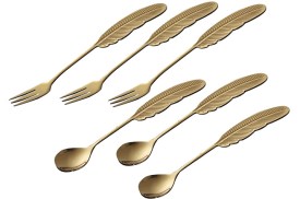 Set 3 tenedores y 3 cucharas doradas pluma (2)